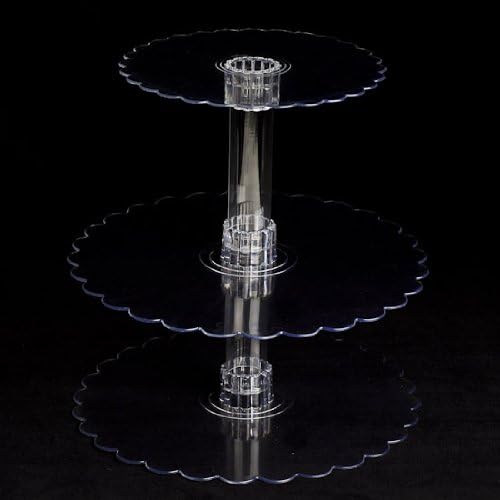 Three Tier Cupcake or Cake Stand with Scalloped Eges Made of Clear Hard Acrylic - Mix and Match Use As a 1 Tier, 2 Tier or 3 Tier - Center Tubes Are Hollow and Can Be Filled If Desired - Holds Approx