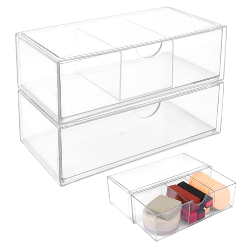 2 cajones apilables para cosméticos, caja de acrílico con cajones, transparente Drawer Skincare, organizador de cosméticos, organizador de cosméticos, organizador de maquillaje acrílico, para tocador