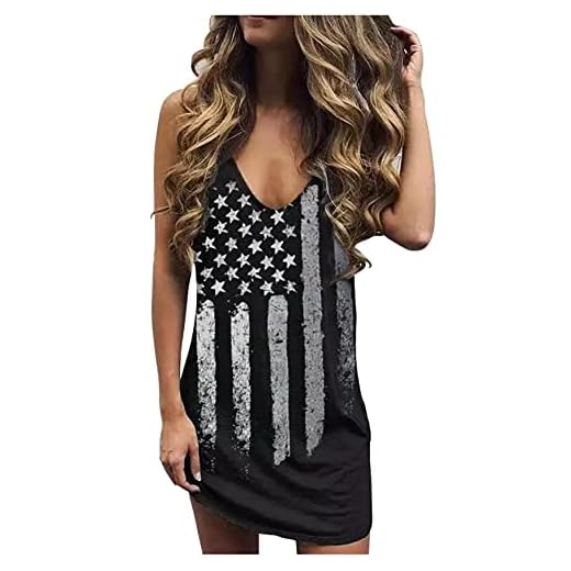 CHUNTIANRAN American Flag Star Striped Tank Mini Dress for Women Summer V Neck Dresses July 4th USA Flag T Shirts Dress (Black, Medium)