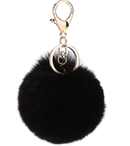 NOVAGO Porte Clé Pompon en Vrai Poil de Lapin, Doux au Toucher Garanti (Noir)