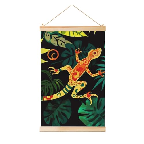 Poster mural en bois gecko feuilles tropicales salon 91x61cm