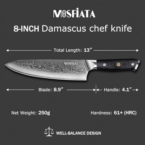 Mosfiata Professional Damascus Chef Knife Set-3Pcs, 8 ‘’Chef Knife 7"Santoku Knife And 5'Utility Knife,Vg-10 High Carbon Stainless Steel With Finger Guard thumb #4