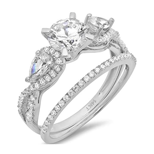 2.0ct Round Pear Cut Solitaire 3 stone Accent Lab Created White Sapphire & Simulated Diamond Engagement Promise Statement Anniversary Bridal Wedding Ring Band set Real Solid 14k White Gold Size 5.25