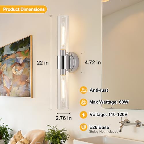 Image of Wall Sconces Set of Two, Modern Bathroom Sconces Wall Lighting with & Clear Glass Glass, Chrome Sconces Wall Decor Set of 2 for Bathroom Mirror Bedroom Living Room Hallway
