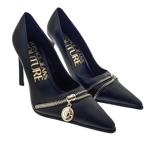 VERSACE JEANS COUTURE Womens Black Pointed Toe Pumps with Gold Zip Detail-EU39