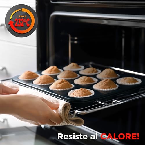 NutriChef Set di 6 Teglie da Forno Antiaderenti in Acciaio al Carbonio, Teglie Forno per Biscotti, Muffin, Torte e Pane, Resistenti ai Graffi, Lavabili in Lavastoviglie, Nero - immagine 6