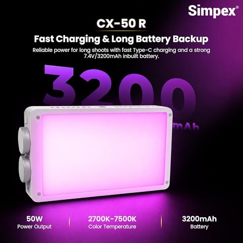 Image of Simpex CX 50R 50W RGB LED Video Light, 360 HUE, 2700K-7500K Bi-Color, 1-100% Dimmable, 13 FX Modes, 3200mAh Battery, OLED Display, Tripod & Diffuser