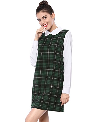 Allegra K Women's Contrast Peter Pan Collar Long Sleeve Shift Plaid Dress Green L (US 14)