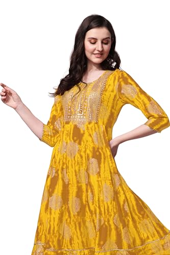Image of MIRCHI FASHION Women's Cotton Relaxed Fit A Line Sequins Embroidery Work Foil Printed A-Line Kurti Only