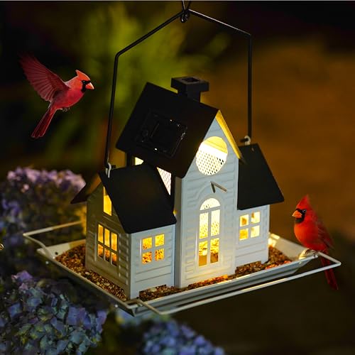 Solar Bird Feeders for Outdoors Hanging Metal Cardinal Bird House Feeder with Solar Powered Lantern Light Wild Cardinal Birdfeeder Waterproof Decor for Garden Yard Outside Gift for Grandma Mom