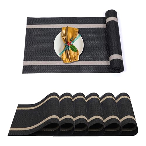 Image of Dining Table Placemats & Runner Set - Heat Resistant, Washable & Stain Resistant Woven Vinyl Mats | Table Runner & 6 Placemats Set for Stylish Dining (45x30 cm Placemats, 180x30 cm Runner)