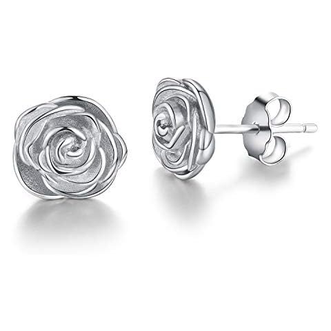 Esberry ✦Gifts for Christmas✦ 18K Gold Plating 925 Sterling Silver Rose Stud Earrings Hypoallergenic Flower Earrings Jewelry for Women and Girls (White Gold) Cover