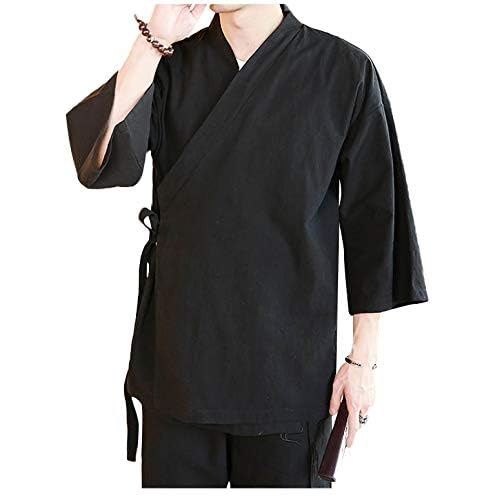 Image of Men's Chinese style linen cardigan jacket loose kimono jacket solid color self-tie Hanfu traditional clothing (Black, XL)
