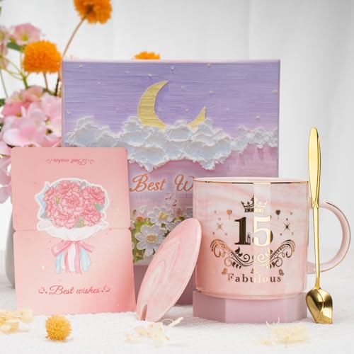 Miniatura 6 de Wxytxhyq Regalos Para Chicas De 15 Años, 400ml Taza De Cerámica Rosa Regalos Jovenes 15 Años, 15 Cumpleaños Regalo Taza Original Con Tapa, Cuchara Y Caja De Regalo Para Amigas, Hija, Hermanas