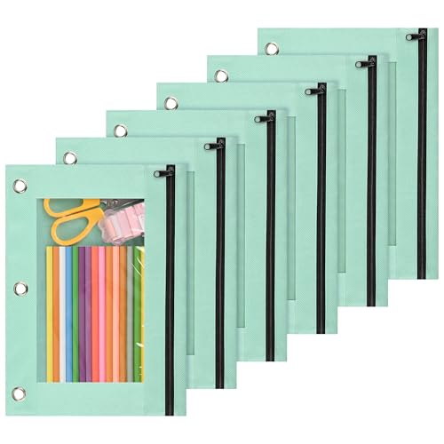 Image of Lanpn Pencil Pouch for 3 Ring Binder 6 Pack, Pastel Binder Pen Bags with Zipper, 3 Holes Pencil Holder Stationary Organizer for Boy Girl Kids School Student, Reinforced Grommets & Clear Window, Green