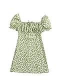 Verdusa Girl's Floral Print Puff Sleeve Square Neck Short A Line Dress Mint Green 9Y