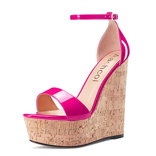 Aachcol Women Platform Wedge Sandals Round Peep Open Toe Ankle Strap Slingback Two-Piece Chunky Block High Heel Dress Shoes Pumps Party Patent 6 Inch