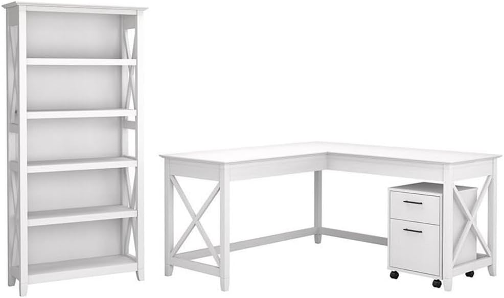 Pemberly Row 60W L Shaped Desk with Mobile File Cabinet and 5 Shelf Bookcase, Wood, Adjustable Shelves, Locking Casters, Corner Office Setup, Home Office Furniture in Washed Gray/Bing Cherry/White