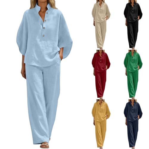 Linen Sets For Women 2 Piece Linen Apparel Batwing Sleeve Casual Shirt Wide Leg Pants 2026 Summer Trendy Boho Pant Suits * Blue Medium