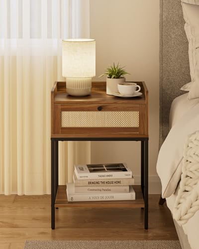 Image of Masupu Rattan Nightstand,3-Tier Modern Bedside Night Stand with Storage Drawer and Shelf,Small End Side Table for Bedroom,Living Room,Walnut Brown (Without Outlet, Brown)