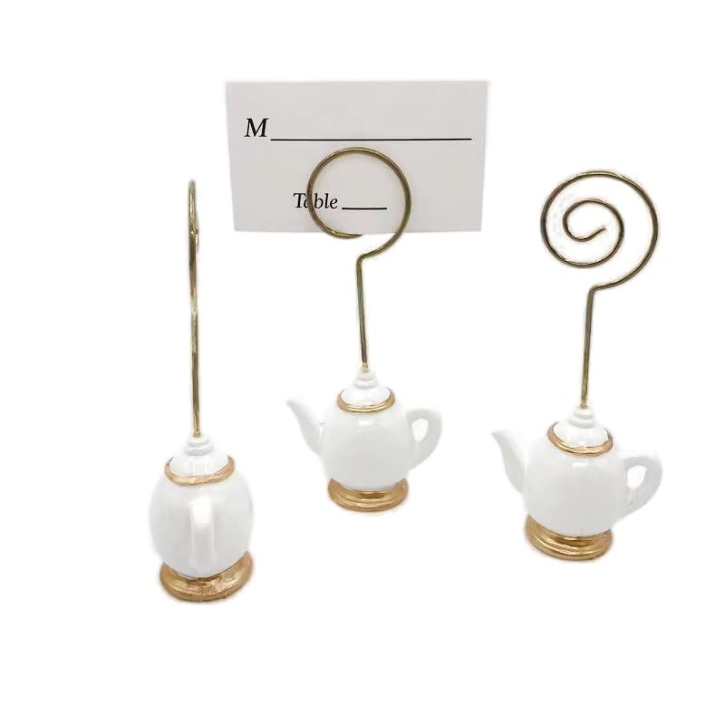 AMERRY 10Pcs Teapot Table Card Holder?Place Card Holders, Table Number Holder?Photo Holders, Party Favors, Wedding Decorations ?Delicious Afternoon Tea, Delicious Breakfast teapot(Golden and White)