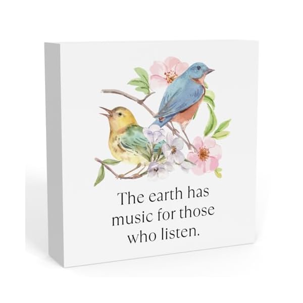   Rustic-Farmhouse-Spring-Flowers-Bird-Country-Home-Office-Desk-Decor-The-Earth-Has-Music-Sign-Cubicle-Shelf-Tabletop-Tiered-Tray-Decor-Bird-Lover-Gift-5-X-5-Inch