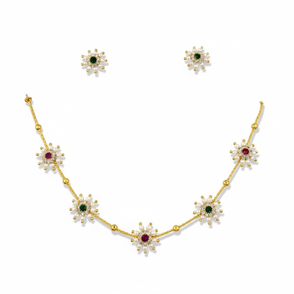 antique jewellery Gold Plated Traditional Floral Choker Necklace Set with White Beads, Pink-Green Stones and Matching Stud Earrings for Women-picture-24