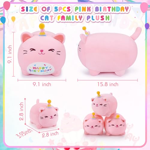 Image of Pink Birthday Cat Plush, 5 PCS Cat Plush Stuffed Animal Family, 16 inch Pink Cat Mommy White Cat with 4 Baby Kittens Cat Plushies,Kawaii Cat Plush Toy Christmas Birthday Gifts for Kids Boys Girls