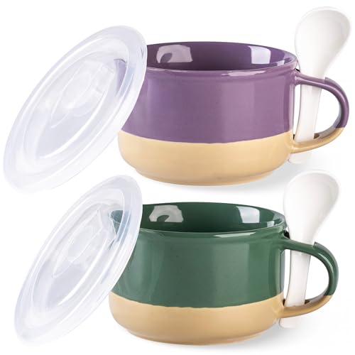 GBhome Ceramic Soup Mugs with Handles and Lids,24 OZ Soup Cups Set of 2 with Terracotta Underside,Mug Bowls with Spoon for Soup/Cereal/Salad/Noodles/Ramen/Microware &Dishwasher Safe-Green&Purple