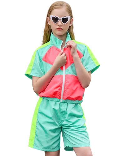 Perfashion Kids 80s Outfits for Girls Summer Outfits Mint Green Hip Hop Dance 2 Piece Short Sets Size 6 7