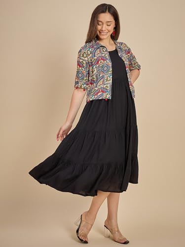 Image of Azira Women Rayon Solid Fit & Flared Dress with Printed Jacket | Perfect for Casual outings, Parties Rayon Fabric|