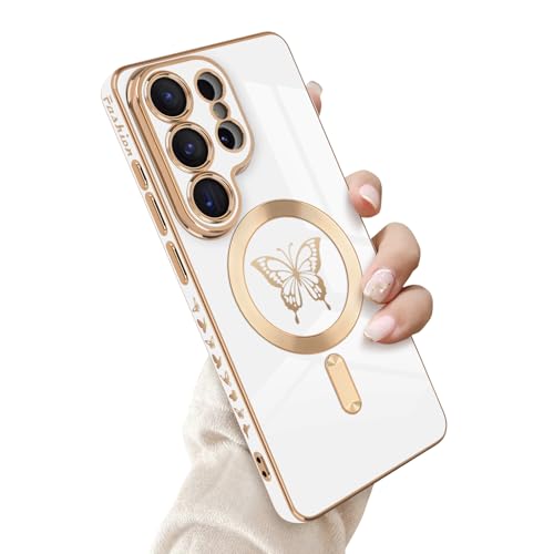 Newseego for Samsung Galaxy S26 Ultra 5G Magnetic Case, Cute Butterfly Luxury Plating Edge Case for Women Girls Men Soft TPU Shockproof Full Camera Protective Cover for Samsung Galaxy S26 Ultra-White - image 1