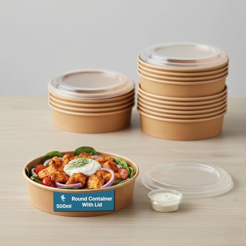Image of Disposable Round Paper Containers with Lids | Takeout Containers for Hot /Cold Foods, Soup, Salad, Dessert, Pasta, Noodles | Microwavable, Leak-Proof Food Storage Containers- 500ml, 15 Pack