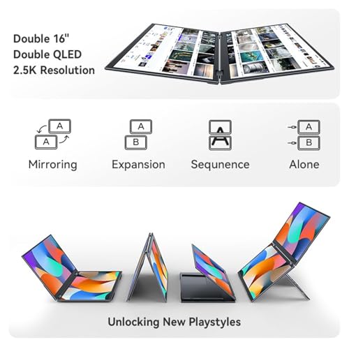 Image of EHOMEWEI X1 Pro Dual Monitor, 2K 60Hz 16 inch*2 Laptop Expansion Portable Screens 2560 * 1600 100% DCI-P3 HDR 400 cd /㎡ Brightness for Gaming Phone /Switch /Windows MacOS No Stylus Touch