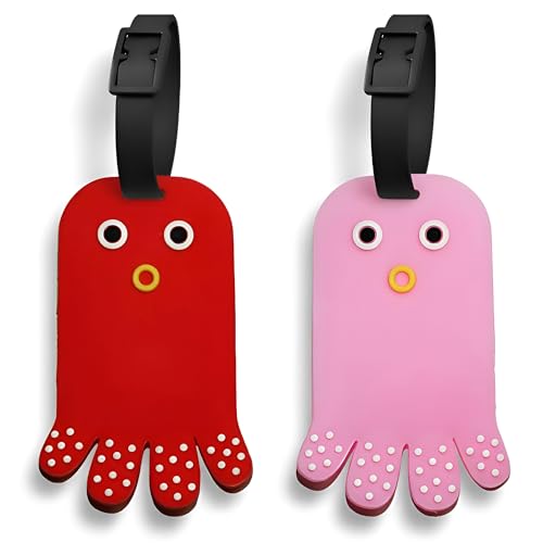 Red and Pink Octopus Luggage Tags for Suitcases, 2 Pack Silicone Bag Tags