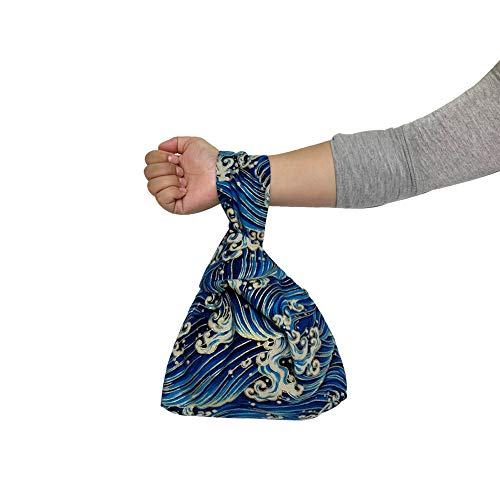Image of Stylish Cotton Japanese Pattern Wrist Bag Sleeve Knot Pouch Portable Canvas Tote Purse for Female, Women (Wave)