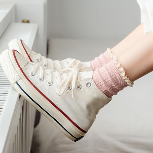 Image of Women's Trim Ruffle Frilly Turn Cuff Socks - Cute Vintage Dress Crew Ankle Boot Socks