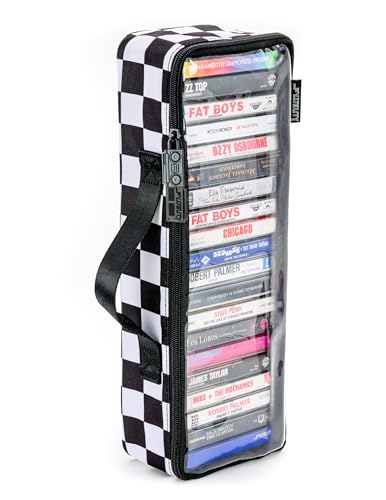 Fydelity Audio Cassette Tape Storage Case | 20pcs Cassette Storage w/Handle | Uses: Clear Top Cassette Tape Holder for Car, Music Cassette Tape Case, Checkered
