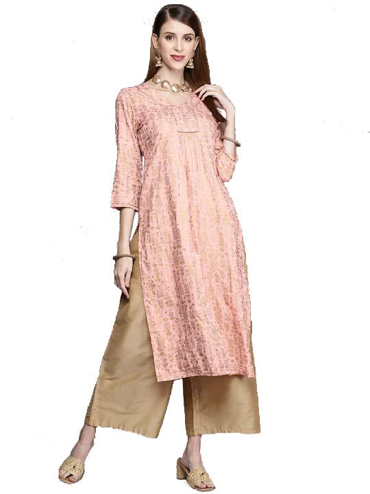 Image of Varanga women peach straight kurta with gold print