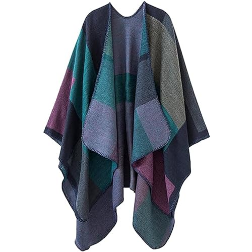 PAMEILA Womens Travel Plaid Shawl Wraps Open Front Poncho Cape Warm Oversized Sweaters Casual Cardigan Shawls for Fall Winter Series 01-Purple