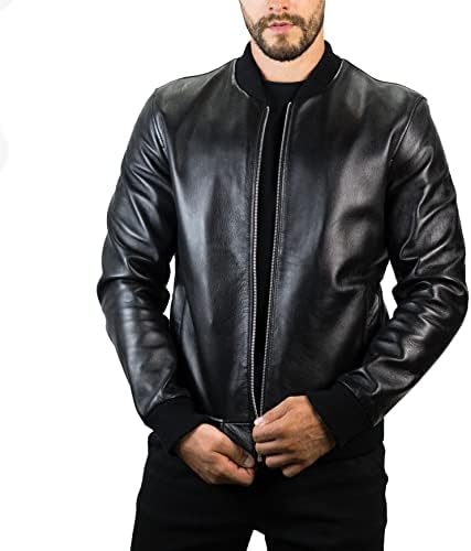 ALEXANDRE LEÓN Gallo Mens Leather Bomber jacket - Genuine Sheepskin Leather Bomber Jackets For Men in Black - Slim Fit Leather Jacket men - Classic Design - Large