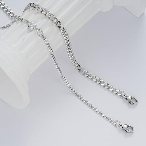 Dainty 2Pcs Silver Couple Bracelet Minimalistic Cuban Chain Crystal Heart Stainless Steel Bracelet Trendy Matching Jewelry Accessory Present for Women Men4