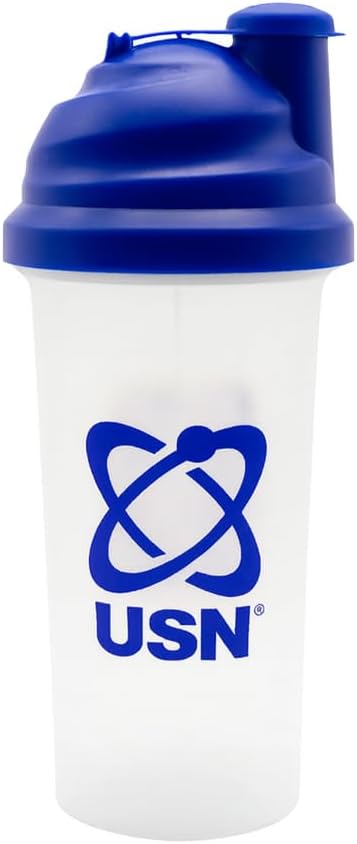 USN Protein Shaker Bottle 500ml – BPA-Free, Dishwasher Safe Sports Shaker Cup for Protein Shakes & Pre-Workout Drinks – Clear Design with Blue Lid