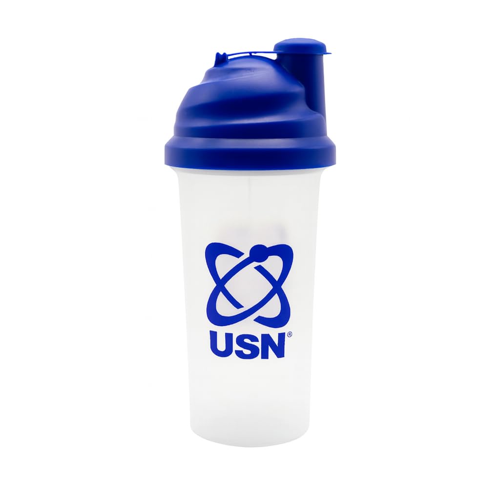 USN Protein Shaker Bottle 500ml – BPA-Free, Dishwasher Safe Sports Shaker Cup for Protein Shakes & Pre-Workout Drinks – Clear Design with Blue Lid