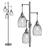 Torondo Dimmable Industrial Floor Lamps for Living Room, Gray Tree Standing Tall Lamps with 3 Elegant Teardrop Cage Head & 800 Lumens LED Bulbs for Bedroom Office