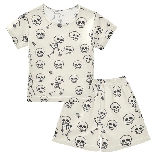 ALAZA Skeleton Sugar Skull Cartoon Style Pajamas Short Sleeve 2 Piece Sleepwear Top and Bottom Pajama Set Unisex