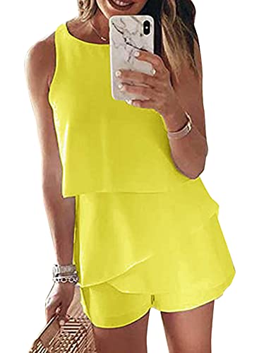 Auglue Women Crew Neck Sleeveless Ruffle One Piece Short Rompers Solid Jumpsuit Yellow Medium