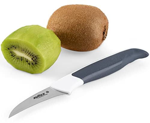 Zyliss E920218 Comfort Cuchillo Pelador Curvo, 6,5cm, Acero Inoxidable Japonés, Mango Gris Oscuro/Blanco, Cuchillo de Cocina para Pelar Verduras y Fruta, Apto Para Lavavajillas