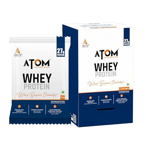 Image of AS-IT-IS ATOM Whey Protein - Isolate & Concentrate Blend I 27g Protein, DigeZyme & Probiotics, Light on Gut, Big on Gains, Easy to Carry Anywhere (No Excuse Travel Pack, 6 Sachets x 36g)