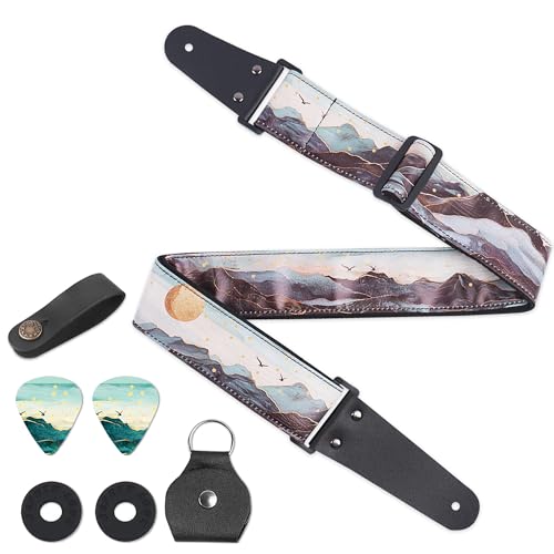 Image of Adjustable Guitar Strap Includes 2 Strap Locks & 2 Matching Picks & 1 Picks Holder & 1 leather Strap Button.